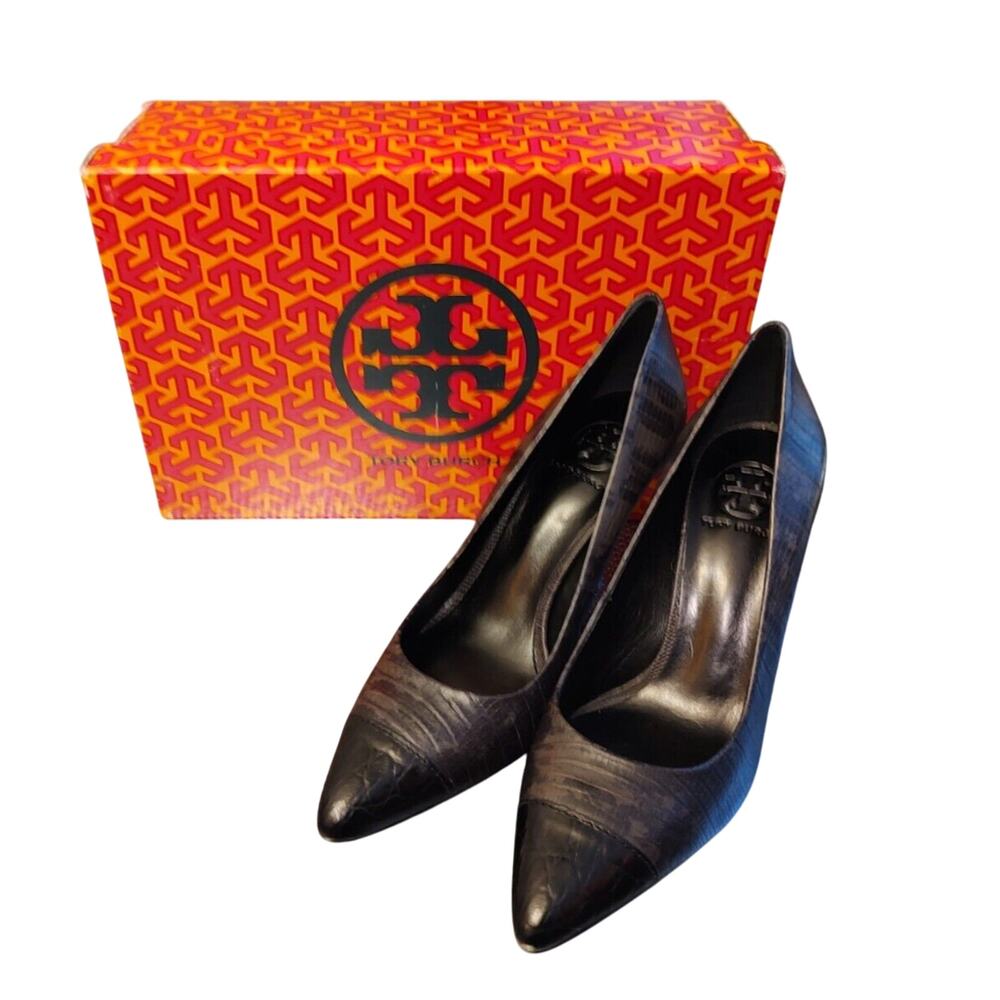TORY BURCH Lizard Print Leather Cap Toe Gray/Black Pumps‎ Heels NEW 7 1/2